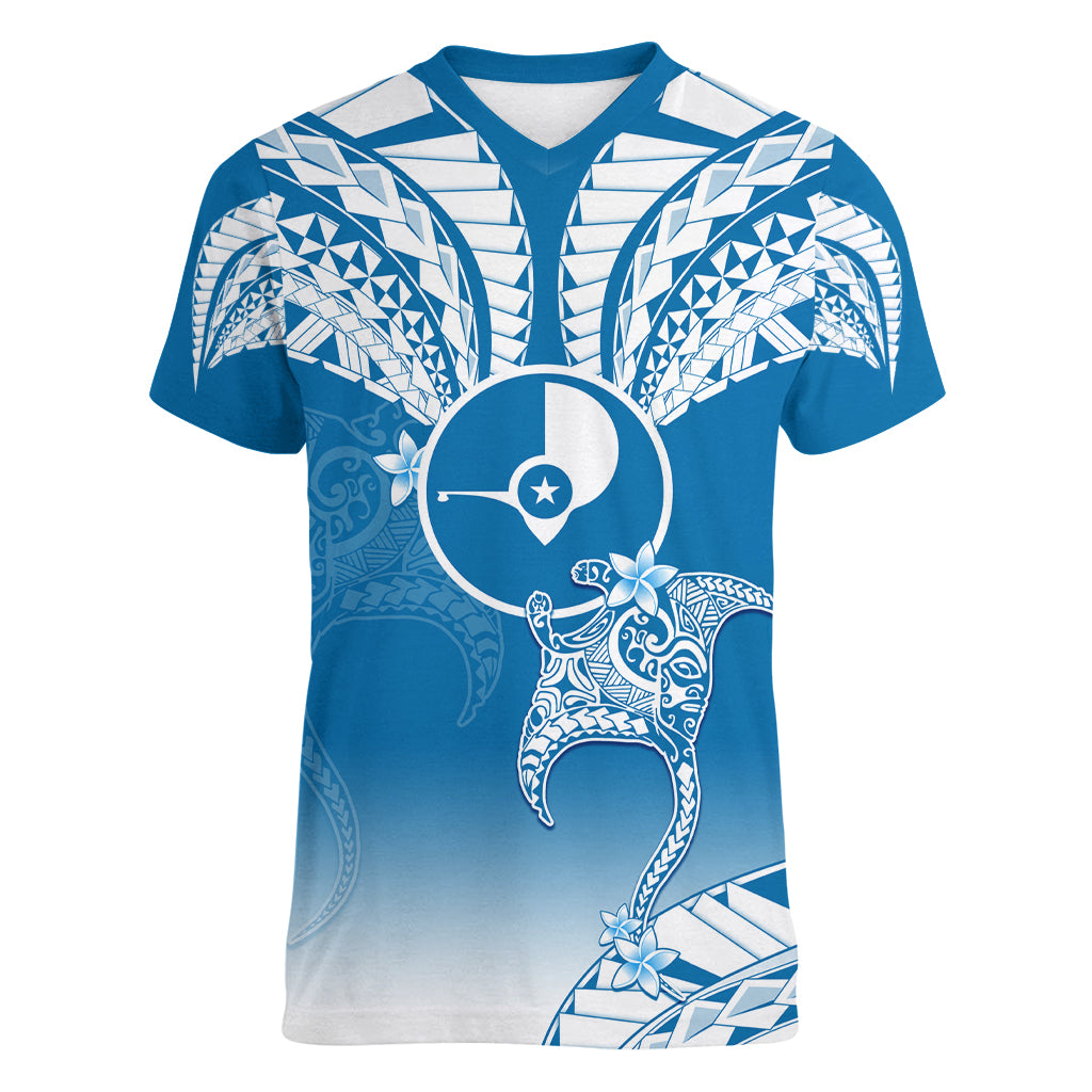 FSM Yap Constitution Day Women V Neck T Shirt Polynesian Batoids LT05 Female Blue - Polynesian Pride