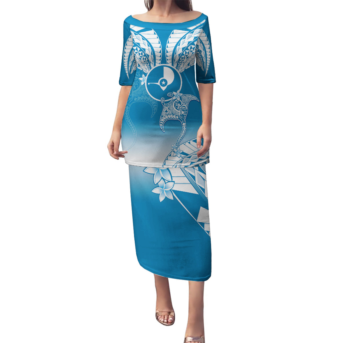 Personalised FSM Yap Constitution Day Family Matching Puletasi Dress and Hawaiian Shirt Polynesian Batoids LT05 Mom's Dress Blue - Polynesian Pride