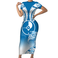 Personalised FSM Yap Constitution Day Family Matching Short Sleeve Bodycon Dress and Hawaiian Shirt Polynesian Batoids LT05 Mom's Dress Blue - Polynesian Pride