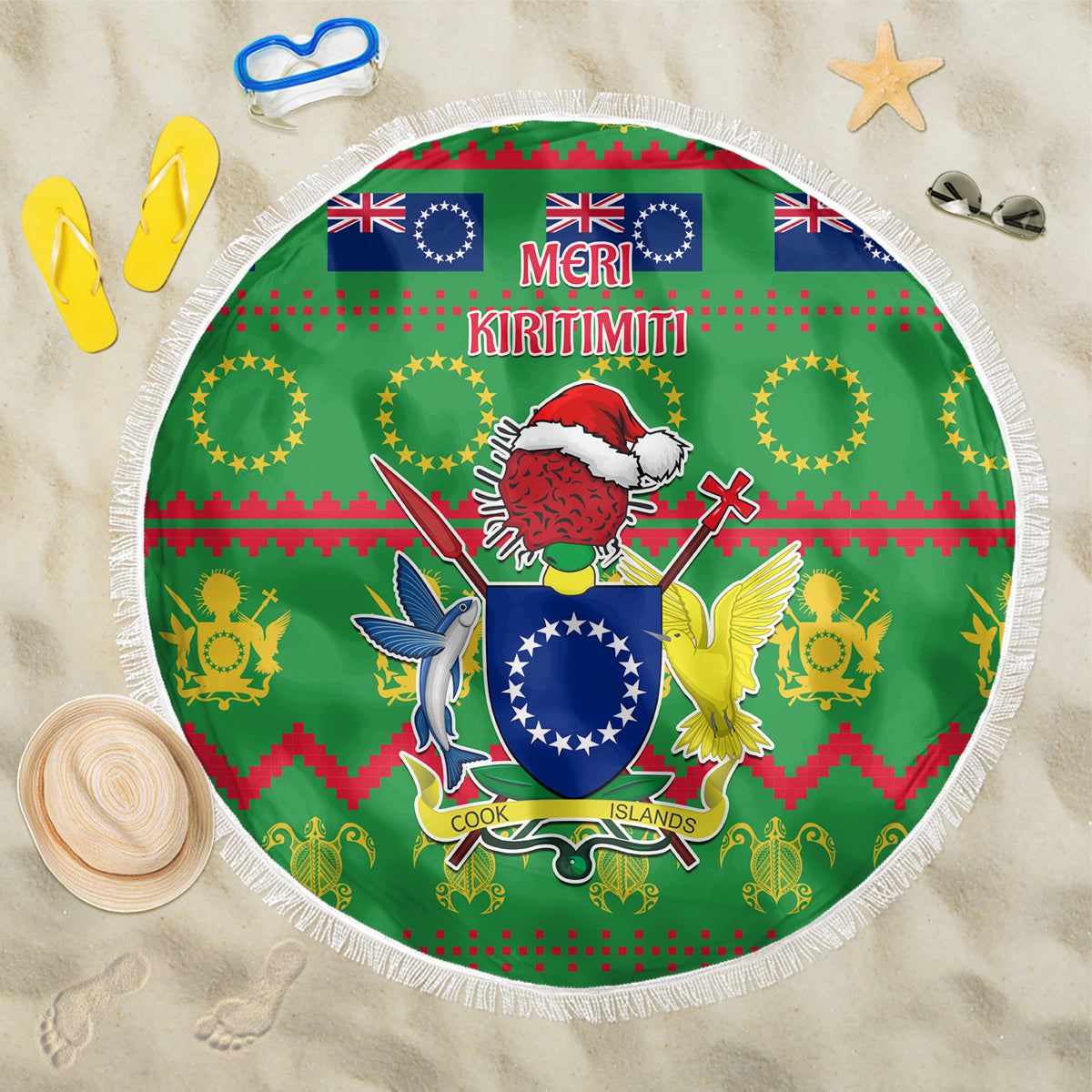 Cook Islands Christmas Beach Blanket Santa Coat Of Arms Meri Kiritimiti LT05 One Size 150cm Green - Wonder Print Shop