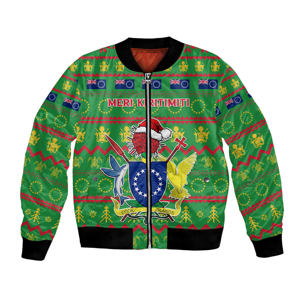 Personalised Cook Islands Christmas Bomber Jacket Santa Coat Of Arms Meri Kiritimiti LT05 Unisex Green - Polynesian Pride