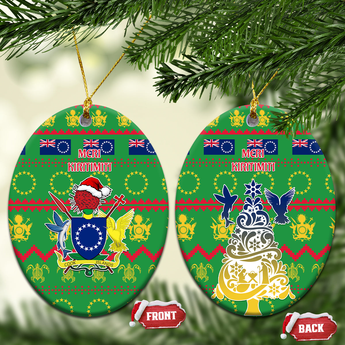 Personalised Cook Islands Christmas Ceramic Ornament Santa Coat Of Arms Meri Kiritimiti LT05 Oval Green - Polynesian Pride