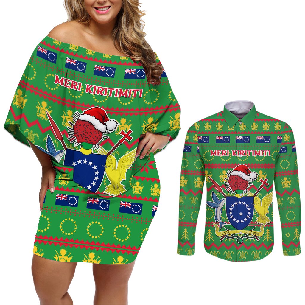 Personalised Cook Islands Christmas Couples Matching Off Shoulder Short Dress and Long Sleeve Button Shirt Santa Coat Of Arms Meri Kiritimiti LT05 Green - Polynesian Pride