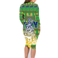 Personalised Cook Islands Christmas Family Matching Long Sleeve Bodycon Dress and Hawaiian Shirt Santa Coat Of Arms Meri Kiritimiti LT05 - Polynesian Pride