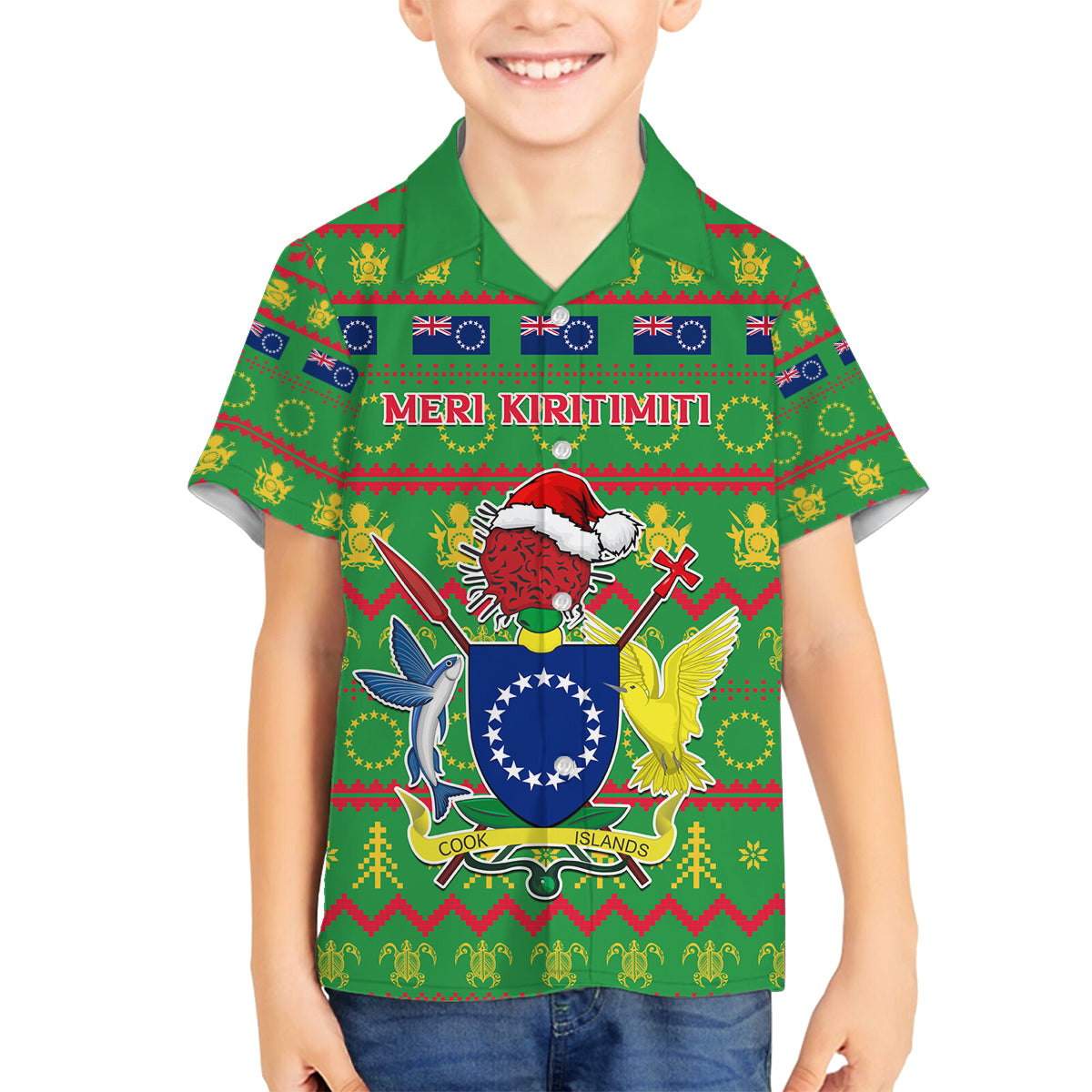 Personalised Cook Islands Christmas Family Matching Long Sleeve Bodycon Dress and Hawaiian Shirt Santa Coat Of Arms Meri Kiritimiti LT05 Son's Shirt Green - Polynesian Pride