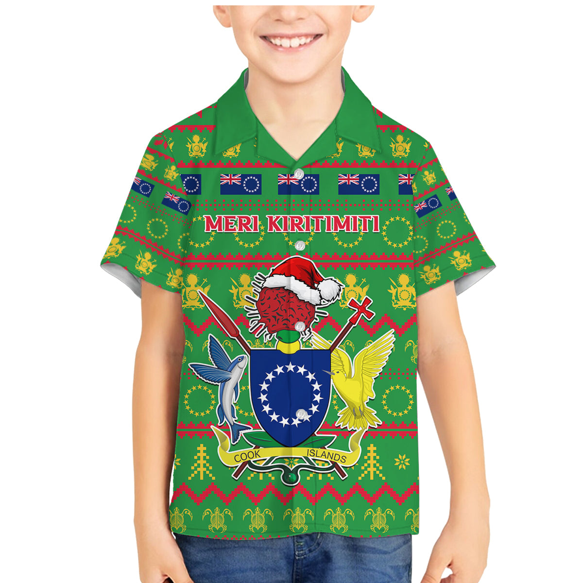 Personalised Cook Islands Christmas Family Matching Mermaid Dress and Hawaiian Shirt Santa Coat Of Arms Meri Kiritimiti LT05 Son's Shirt Green - Polynesian Pride