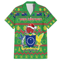 Personalised Cook Islands Christmas Family Matching Off Shoulder Short Dress and Hawaiian Shirt Santa Coat Of Arms Meri Kiritimiti LT05 Dad's Shirt - Short Sleeve Green - Polynesian Pride