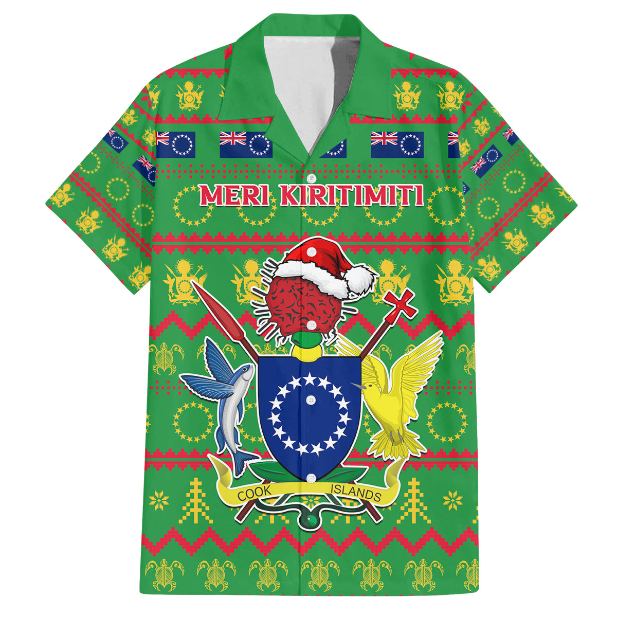 Personalised Cook Islands Christmas Family Matching Summer Maxi Dress and Hawaiian Shirt Santa Coat Of Arms Meri Kiritimiti LT05 Dad's Shirt - Short Sleeve Green - Polynesian Pride