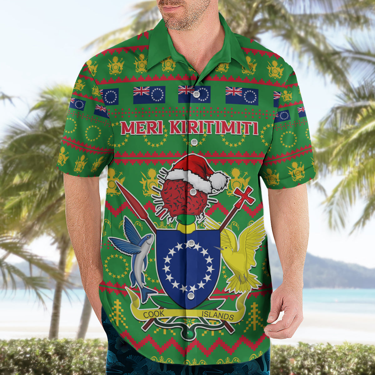 Personalised Cook Islands Christmas Hawaiian Shirt Santa Coat Of Arms Meri Kiritimiti LT05 - Polynesian Pride