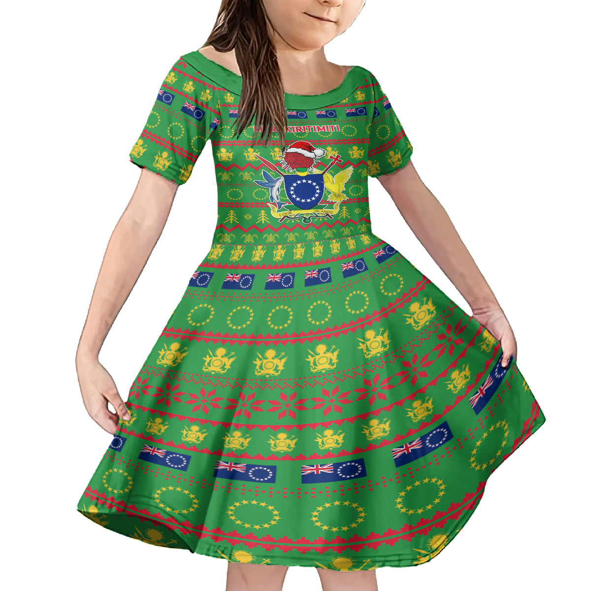 Personalised Cook Islands Christmas Kid Short Sleeve Dress Santa Coat Of Arms Meri Kiritimiti LT05 KID Green - Polynesian Pride