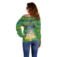 Personalised Cook Islands Christmas Off Shoulder Sweater Santa Coat Of Arms Meri Kiritimiti LT05 - Polynesian Pride