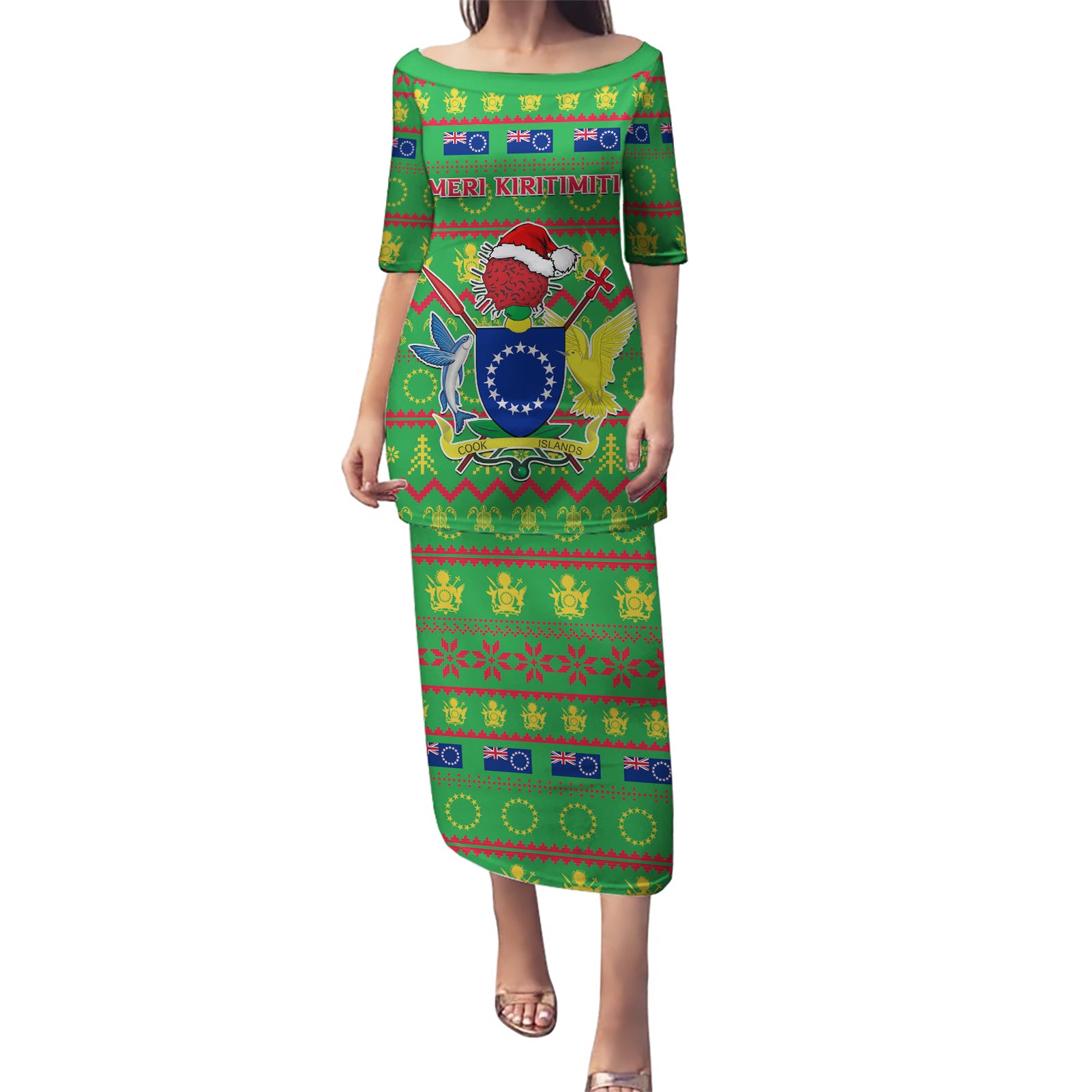 Personalised Cook Islands Christmas Puletasi Santa Coat Of Arms Meri Kiritimiti LT05 Long Dress Green - Polynesian Pride