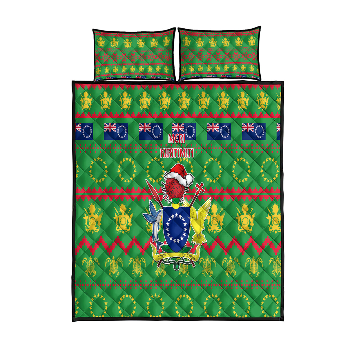 Cook Islands Christmas Quilt Bed Set Santa Coat Of Arms Meri Kiritimiti LT05 Green - Polynesian Pride