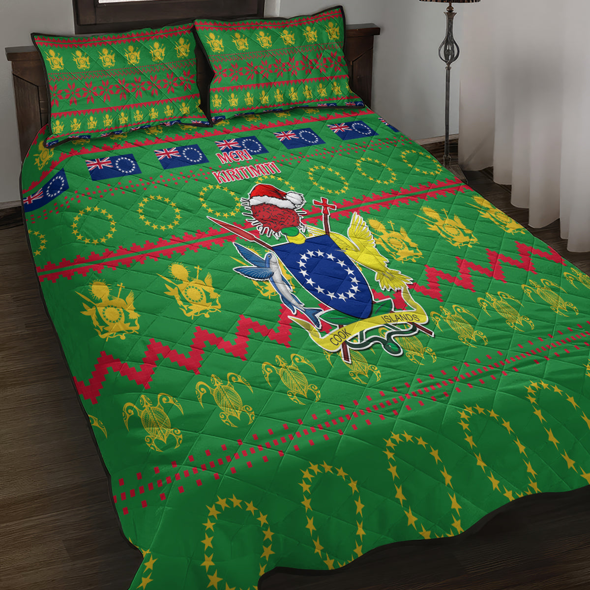 Cook Islands Christmas Quilt Bed Set Santa Coat Of Arms Meri Kiritimiti LT05 - Polynesian Pride