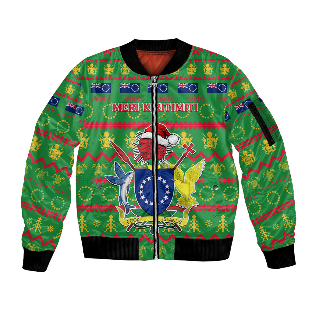 Personalised Cook Islands Christmas Sleeve Zip Bomber Jacket Santa Coat Of Arms Meri Kiritimiti LT05 Unisex Green - Polynesian Pride