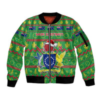 Personalised Cook Islands Christmas Sleeve Zip Bomber Jacket Santa Coat Of Arms Meri Kiritimiti LT05 Unisex Green - Polynesian Pride
