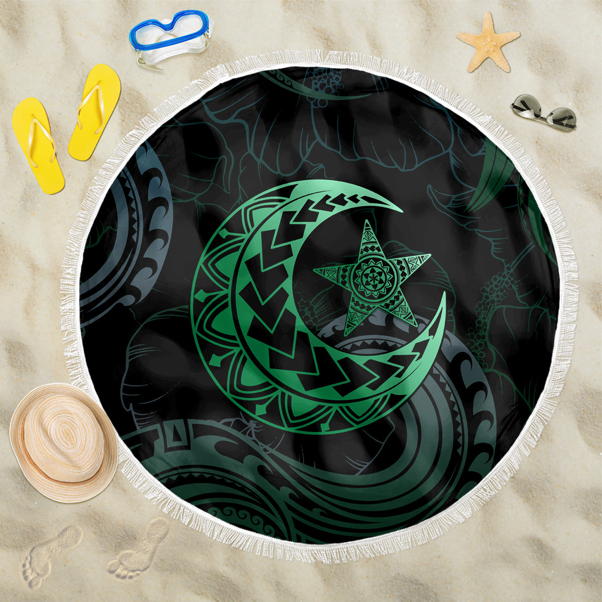 Polynesia Beach Blanket With Islam Crescent And Star LT05 One Size 150cm Green - Wonder Print Shop