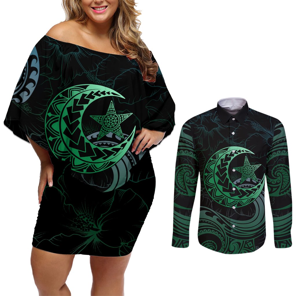 Personalised Polynesia Couples Matching Off Shoulder Short Dress and Long Sleeve Button Shirt With Islam Crescent And Star LT05 Green - Polynesian Pride