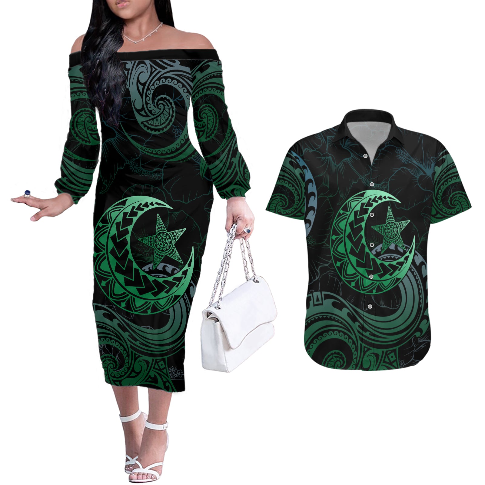 Personalised Polynesia Couples Matching Off The Shoulder Long Sleeve Dress and Hawaiian Shirt With Islam Crescent And Star LT05 Green - Polynesian Pride