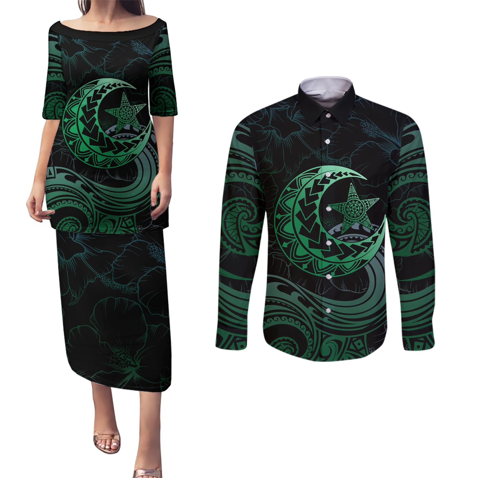 Personalised Polynesia Couples Matching Puletasi Dress and Long Sleeve Button Shirt With Islam Crescent And Star LT05 Green - Polynesian Pride