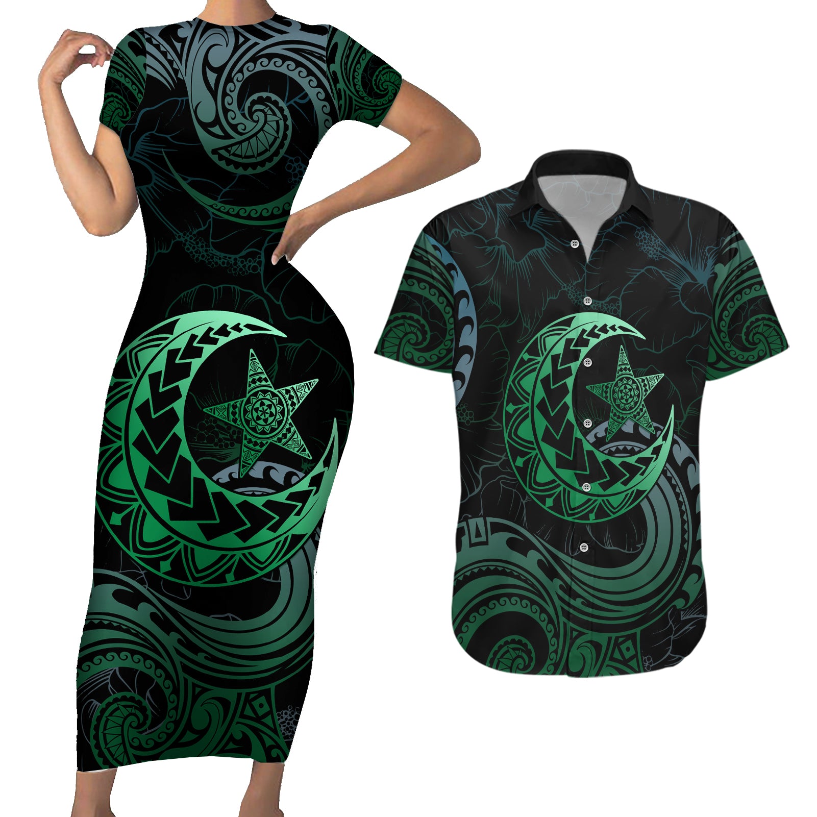 Personalised Polynesia Couples Matching Short Sleeve Bodycon Dress and Hawaiian Shirt With Islam Crescent And Star LT05 Green - Polynesian Pride