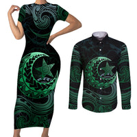 Personalised Polynesia Couples Matching Short Sleeve Bodycon Dress and Long Sleeve Button Shirt With Islam Crescent And Star LT05 Green - Polynesian Pride