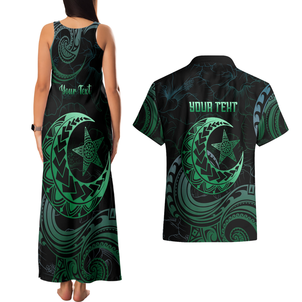 Personalised Polynesia Couples Matching Tank Maxi Dress and Hawaiian Shirt With Islam Crescent And Star LT05 - Polynesian Pride