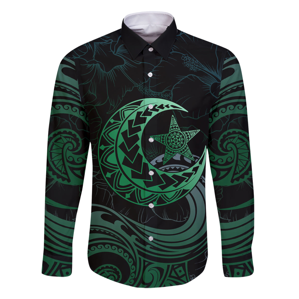 Personalised Polynesia Family Matching Long Sleeve Bodycon Dress and Hawaiian Shirt With Islam Crescent And Star LT05 Dad's Shirt - Long Sleeve Green - Polynesian Pride