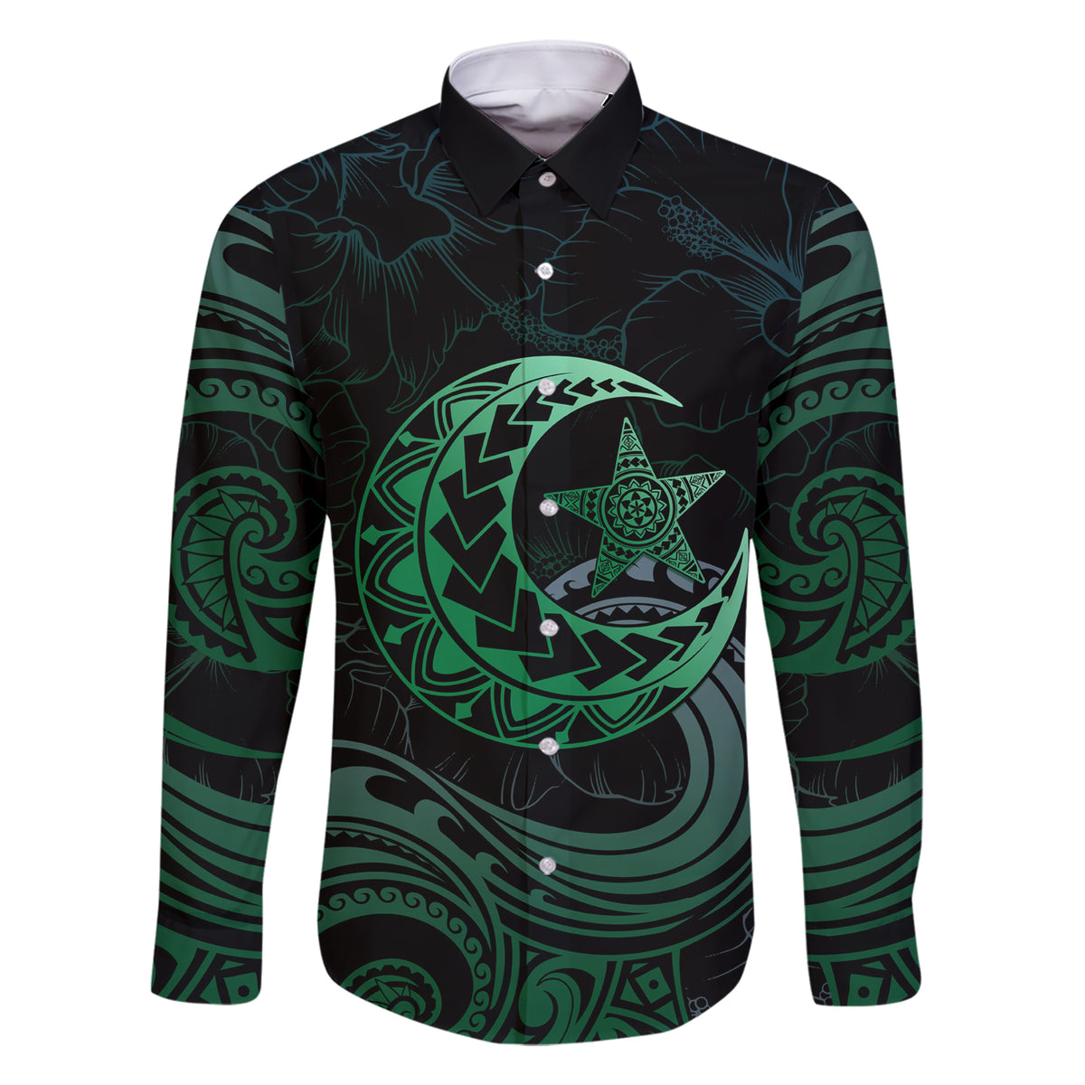 Personalised Polynesia Family Matching Short Sleeve Bodycon Dress and Hawaiian Shirt With Islam Crescent And Star LT05 Dad's Shirt - Long Sleeve Green - Polynesian Pride