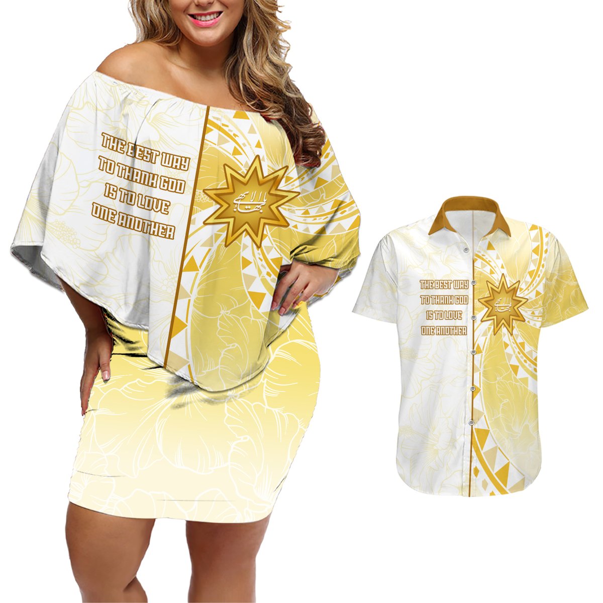 Personalised Polynesia Couples Matching Off Shoulder Short Dress and Hawaiian Shirt Bahai Faith Symbol LT05 Yellow - Polynesian Pride