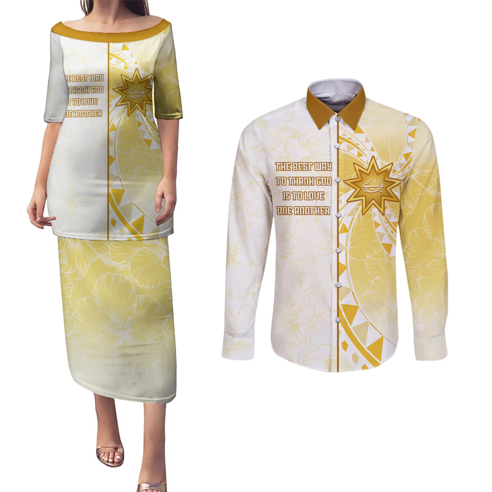 Personalised Polynesia Couples Matching Puletasi Dress and Long Sleeve Button Shirt Bahai Faith Symbol LT05 Yellow - Polynesian Pride