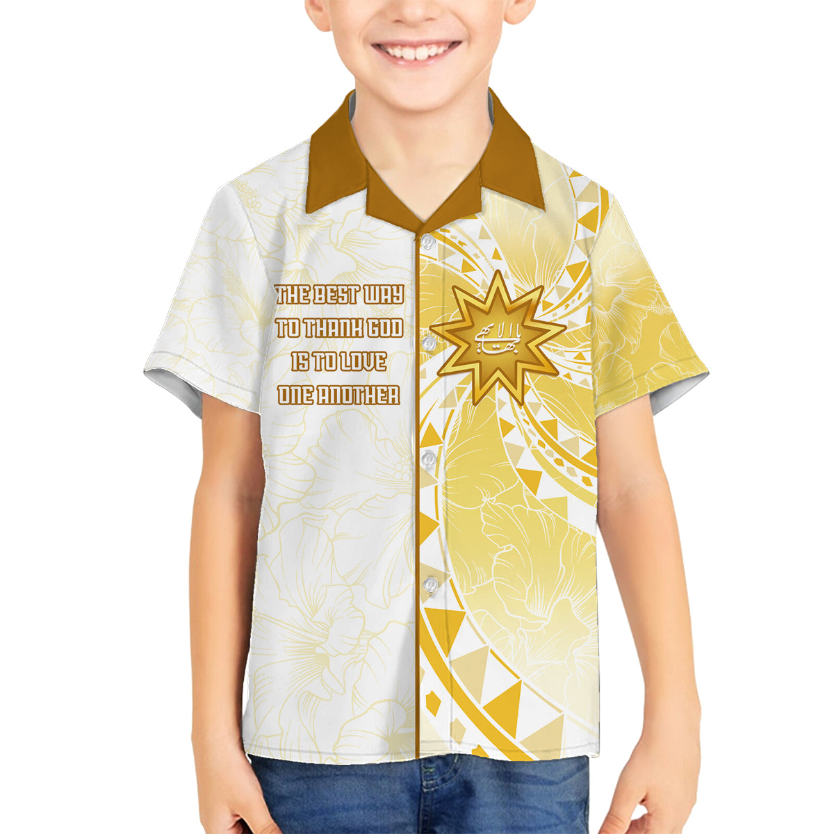 Personalised Polynesia Family Matching Off Shoulder Long Sleeve Dress and Hawaiian Shirt Bahai Faith Symbol LT05 Son's Shirt Yellow - Polynesian Pride