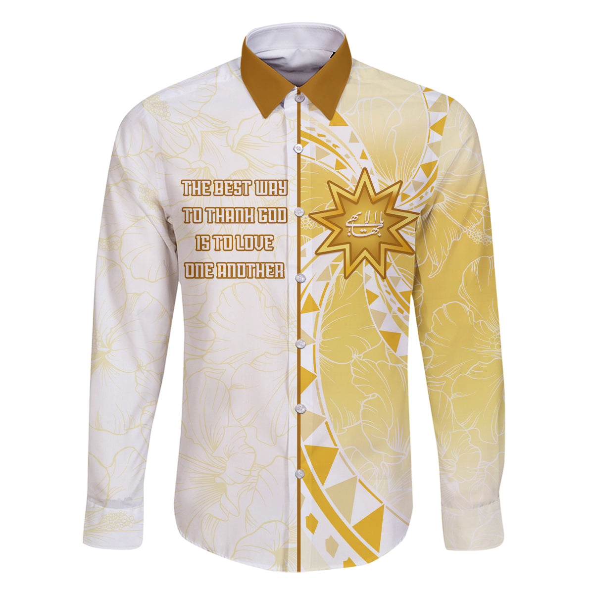 Personalised Polynesia Family Matching Off Shoulder Short Dress and Hawaiian Shirt Bahai Faith Symbol LT05 Dad's Shirt - Long Sleeve Yellow - Polynesian Pride