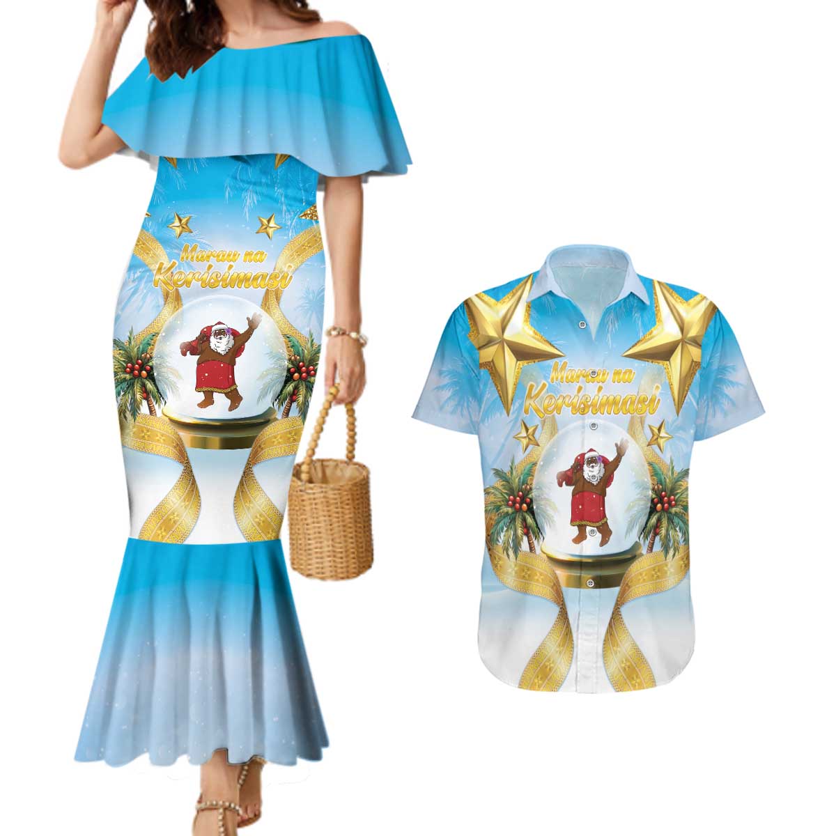 Fiji Christmas Couples Matching Mermaid Dress and Hawaiian Shirt Snow Globe With Fijian Santa LT05