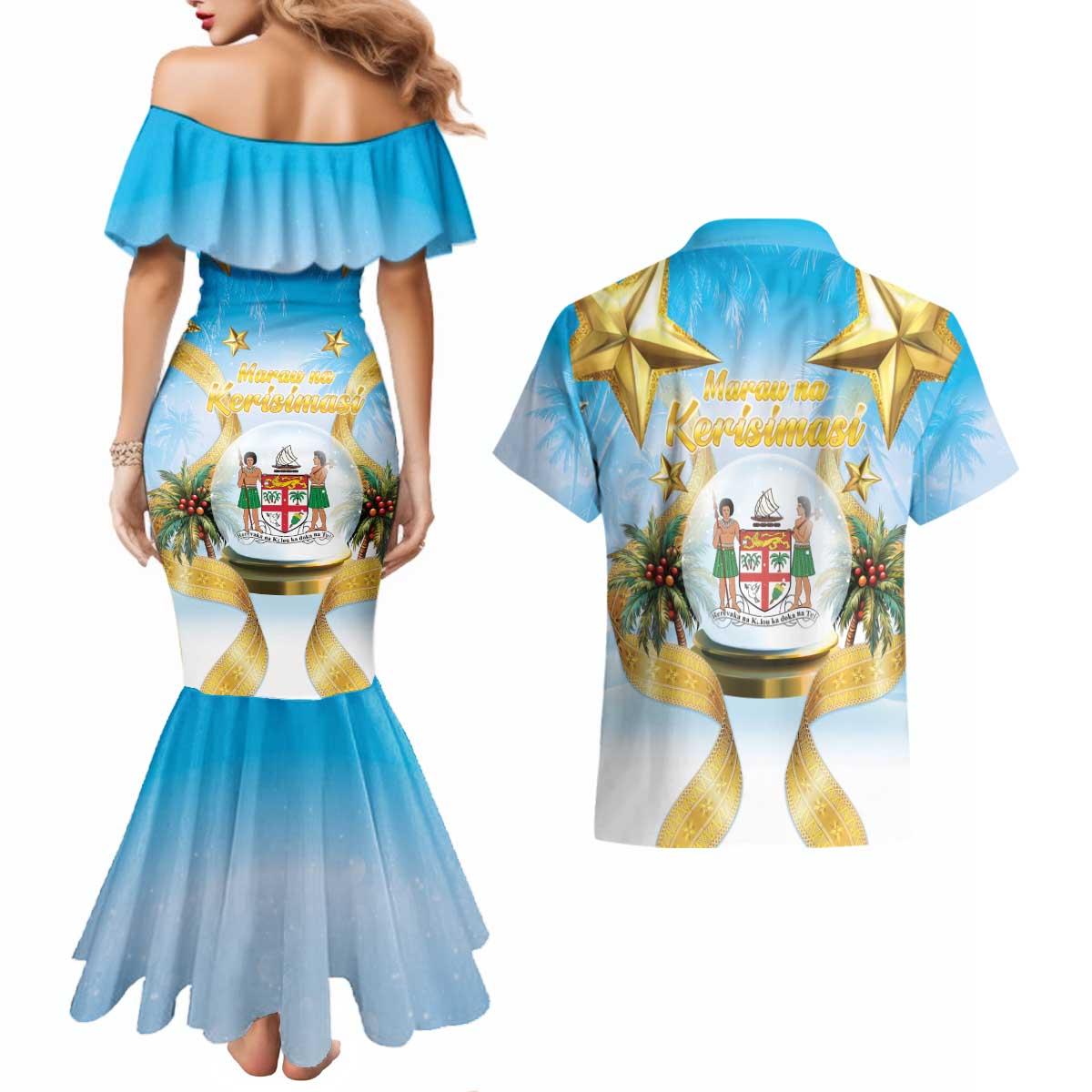 Fiji Christmas Couples Matching Mermaid Dress and Hawaiian Shirt Snow Globe With Fijian Santa LT05