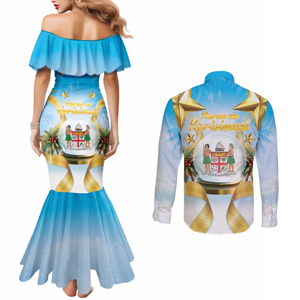 Fiji Christmas Couples Matching Mermaid Dress and Long Sleeve Button Shirt Snow Globe With Fijian Santa LT05
