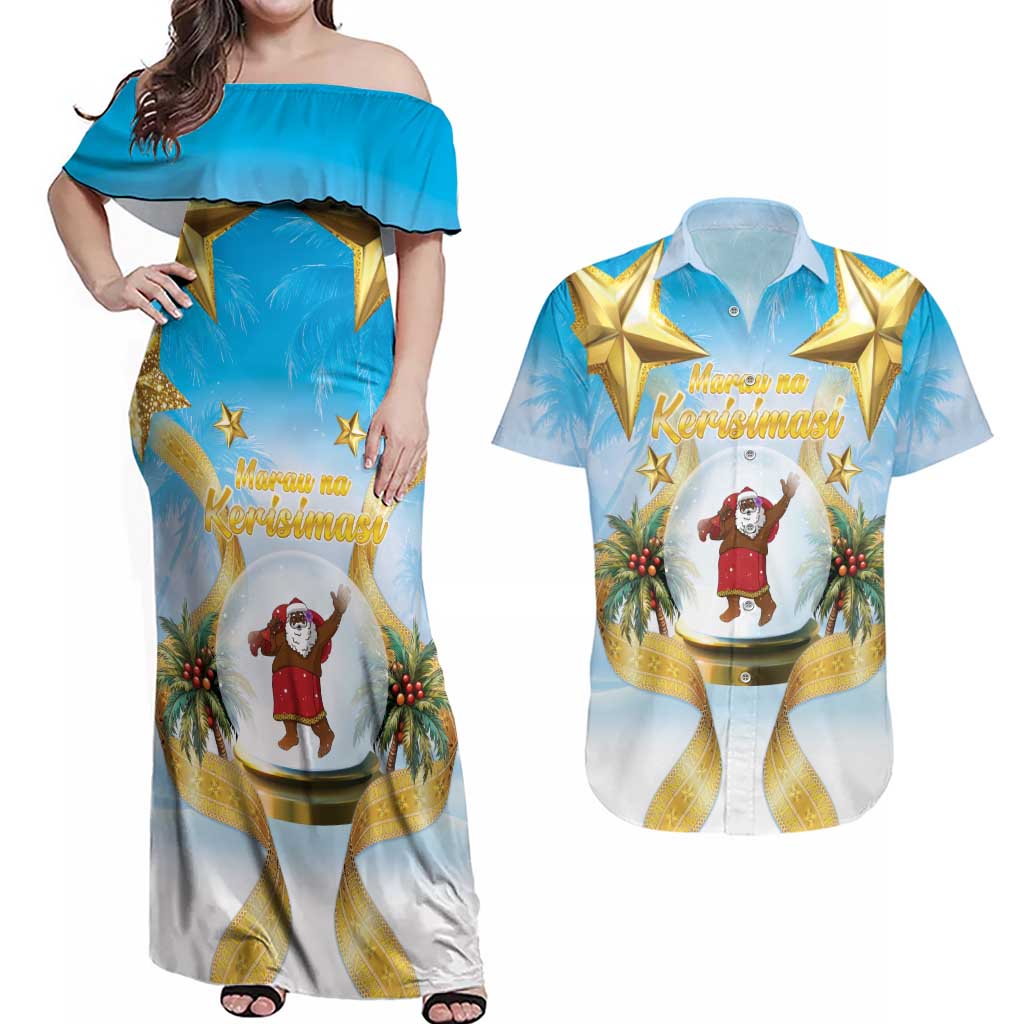 Fiji Christmas Couples Matching Off Shoulder Maxi Dress and Hawaiian Shirt Snow Globe With Fijian Santa LT05