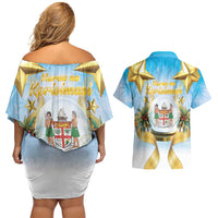 Fiji Christmas Couples Matching Off Shoulder Short Dress and Hawaiian Shirt Snow Globe With Fijian Santa LT05