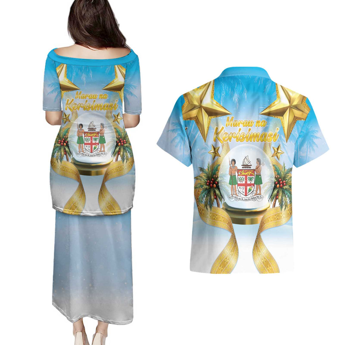 Fiji Christmas Couples Matching Puletasi and Hawaiian Shirt Snow Globe With Fijian Santa LT05