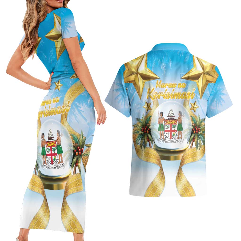 Fiji Christmas Couples Matching Short Sleeve Bodycon Dress and Hawaiian Shirt Snow Globe With Fijian Santa LT05