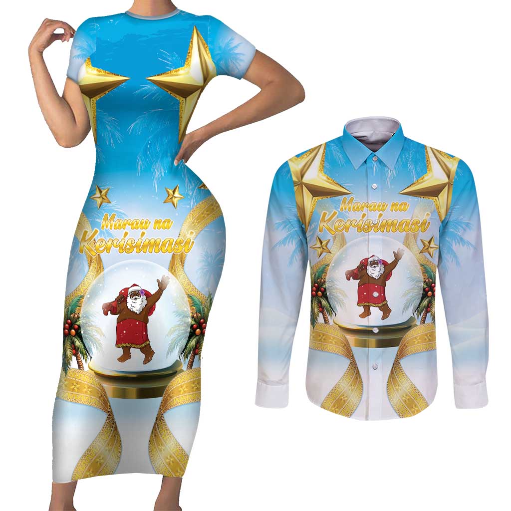 Fiji Christmas Couples Matching Short Sleeve Bodycon Dress and Long Sleeve Button Shirt Snow Globe With Fijian Santa LT05