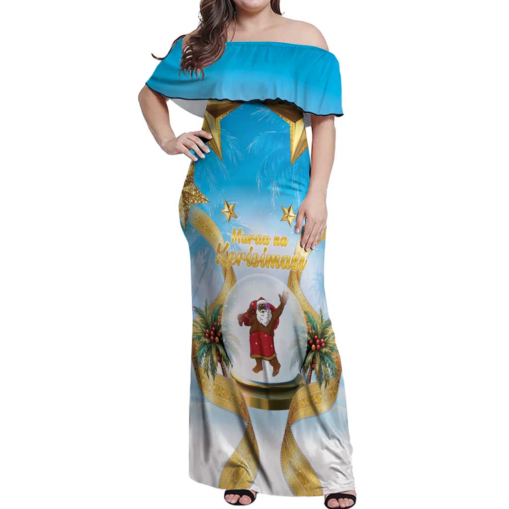Fiji Christmas Off Shoulder Maxi Dress Snow Globe With Fijian Santa LT05 Women Blue - Polynesian Pride
