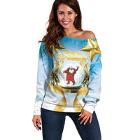 Fiji Christmas Off Shoulder Sweater Snow Globe With Fijian Santa LT05 Women Blue - Polynesian Pride