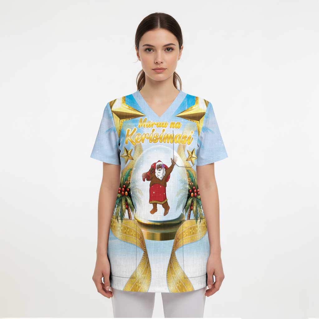 Fiji Christmas Scrub Top Snow Globe With Fijian Santa - Polynesian Pride