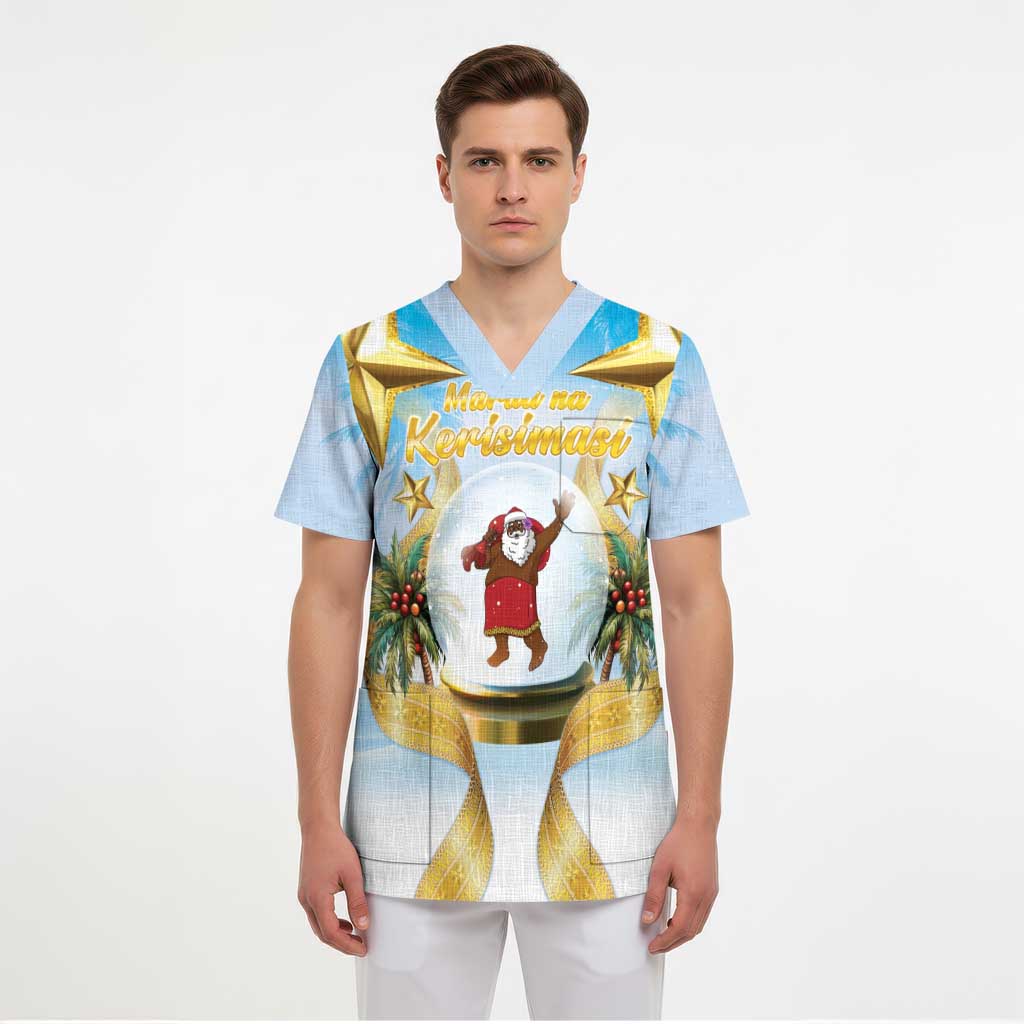 Fiji Christmas Scrub Top Snow Globe With Fijian Santa - Polynesian Pride