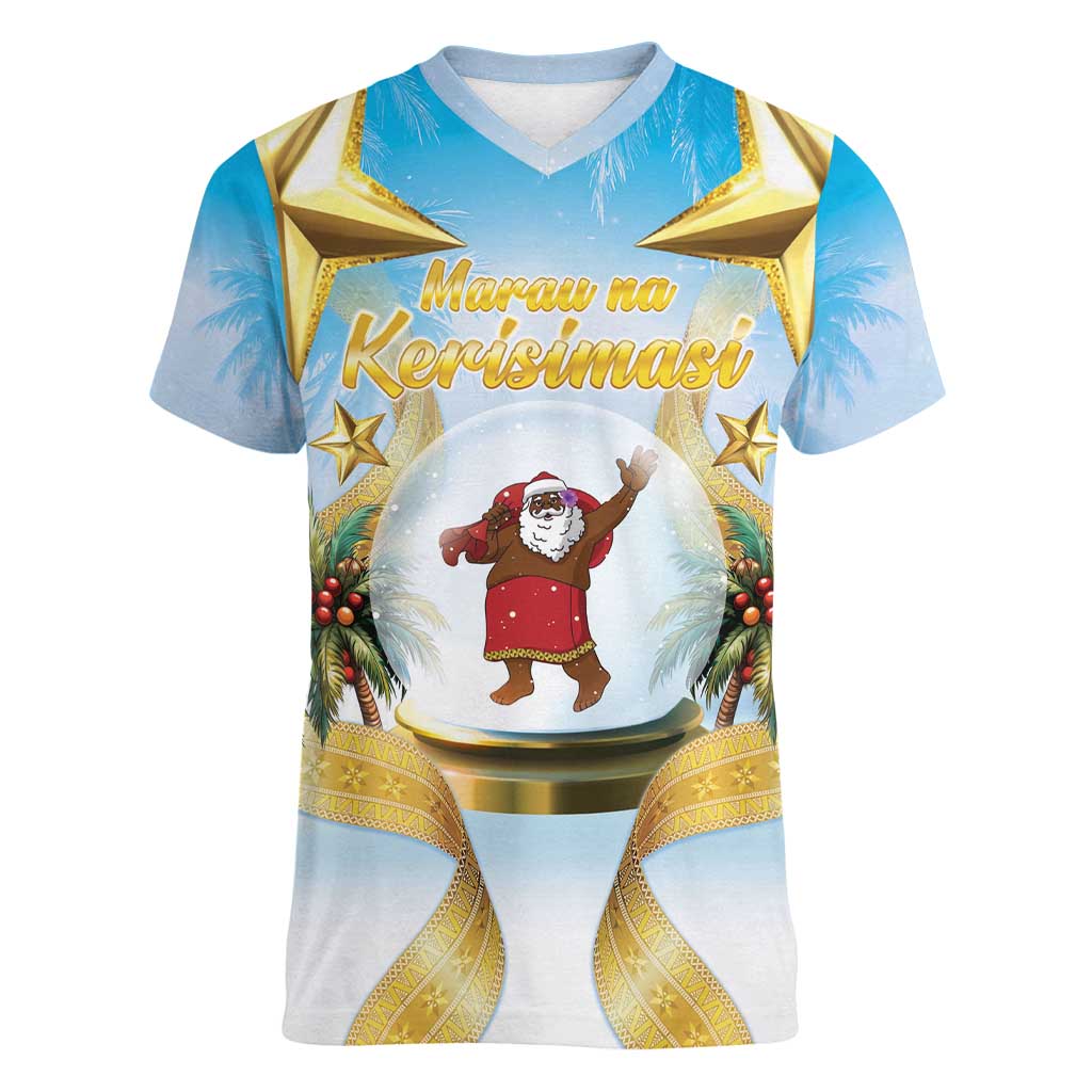 Fiji Christmas Women V-Neck T-Shirt Snow Globe With Fijian Santa LT05