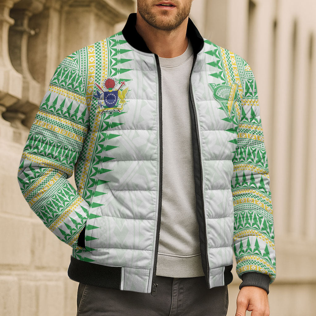 Cook Islands Rugby Custom Bomber Puffer Jacket Kuki Tribal Pattern White Version