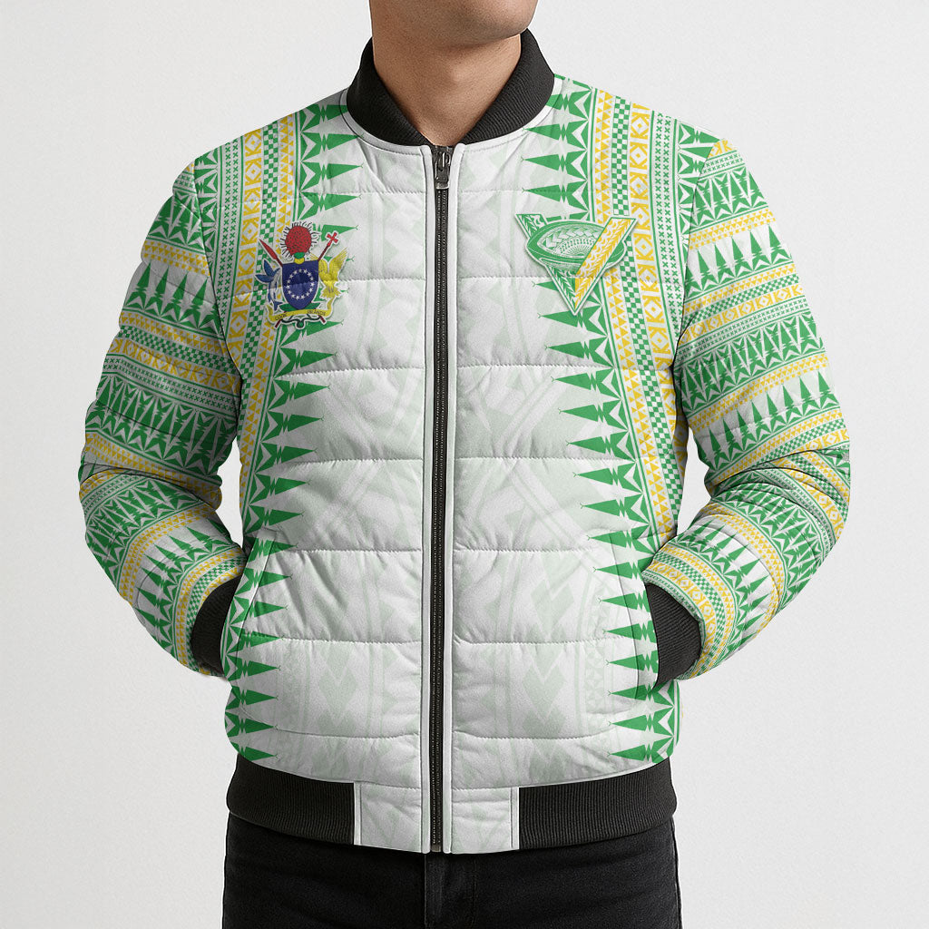 Cook Islands Rugby Custom Bomber Puffer Jacket Kuki Tribal Pattern White Version