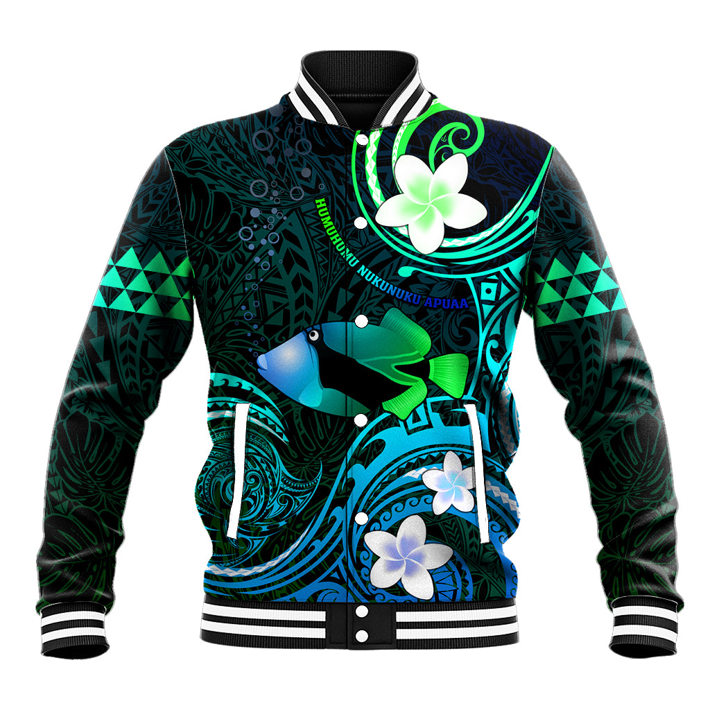 Personalised Hawaii Humuhumu Reef Triggerfish Baseball Jacket Turquoise With Plumeria LT05 Unisex Turquoise - Polynesian Pride