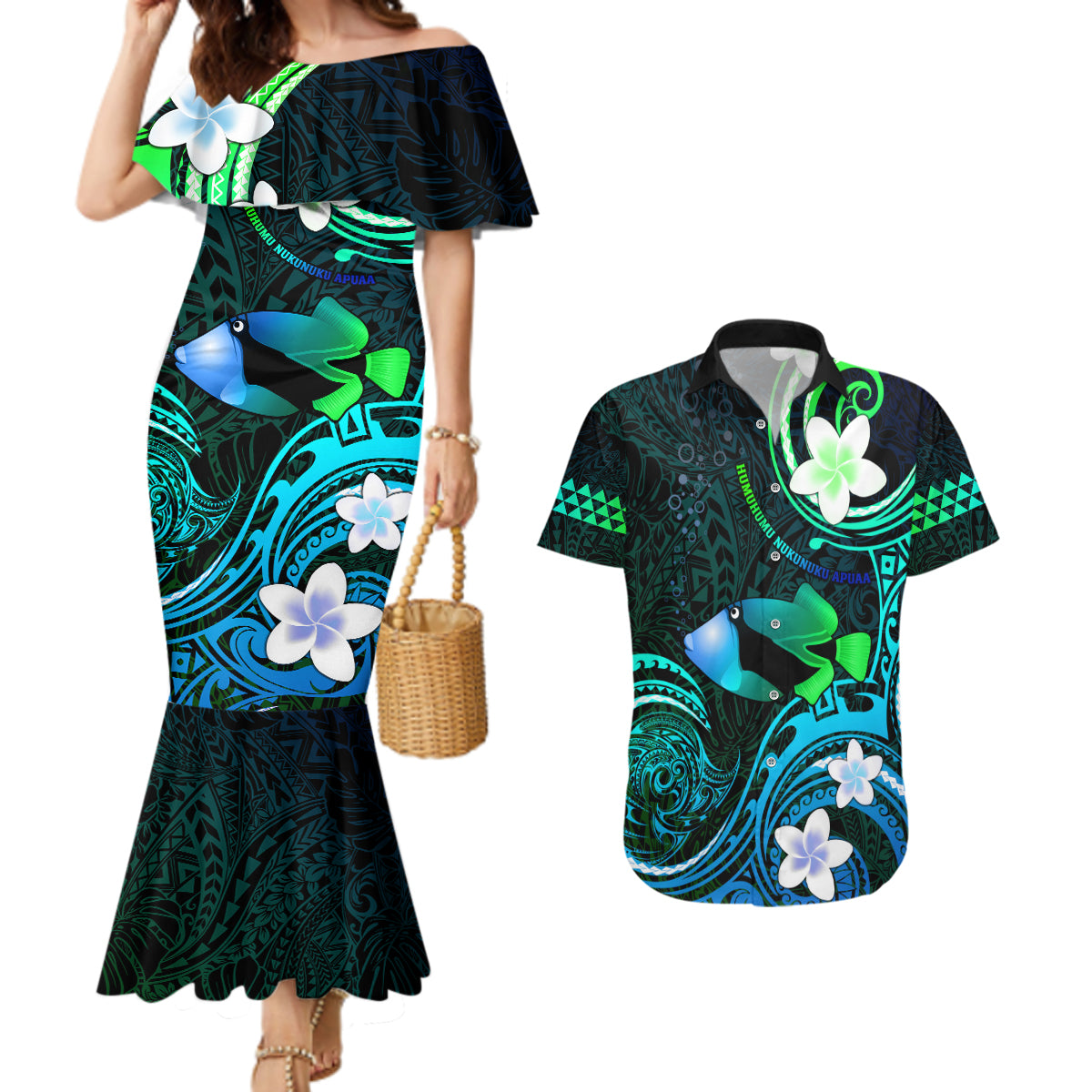 Personalised Hawaii Humuhumu Reef Triggerfish Couples Matching Mermaid Dress and Hawaiian Shirt Turquoise With Plumeria LT05 Turquoise - Polynesian Pride